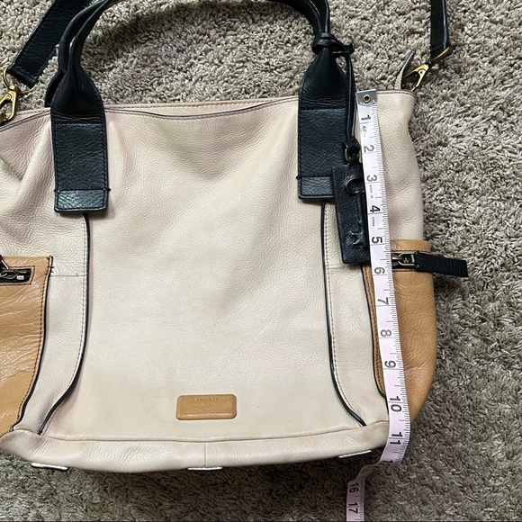Fossil Emerson Color Block Side Pocket Satchel Tote Purse Leather Tan Black - Picture 10 of 10